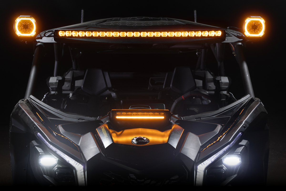Stinger off road vehicle light bar and pod lights mounted on a BRP vehicle