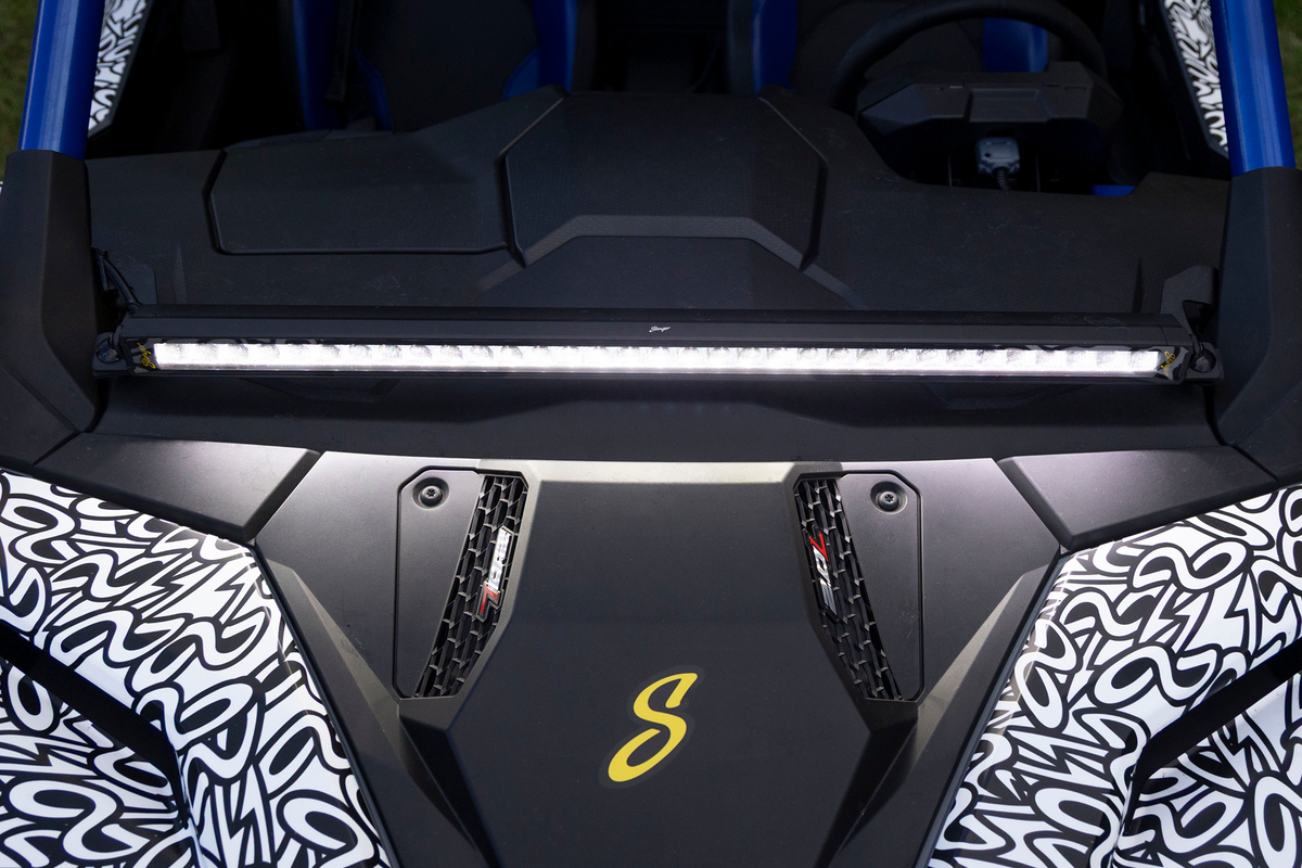 Stinger LED light bar mounted on vehicle hood