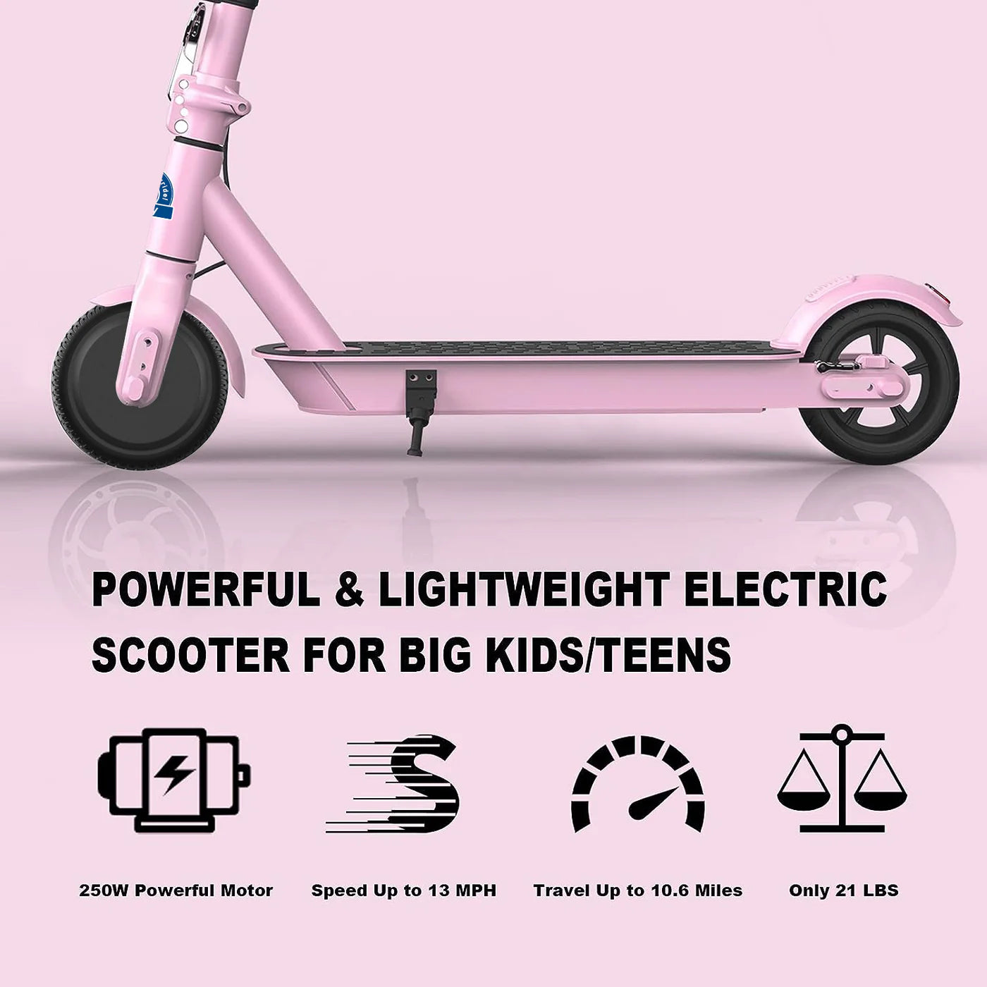 Pink electric scooter with features highlighted on a pink background