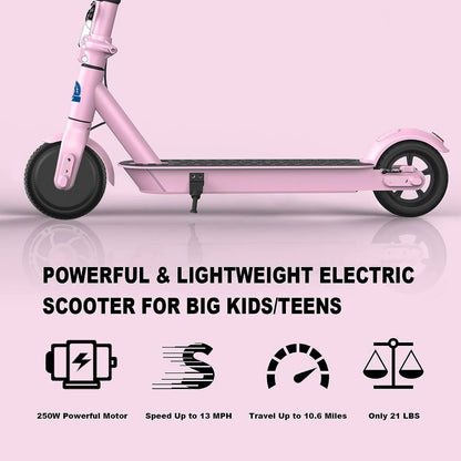Pink electric scooter with features highlighted on a pink background
