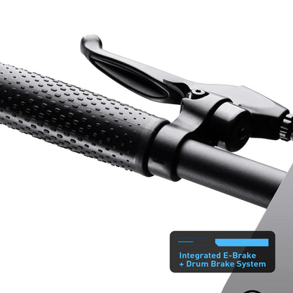 Close-up of a motorcycle handlebar with an integrated E-brake and drum brake system label.