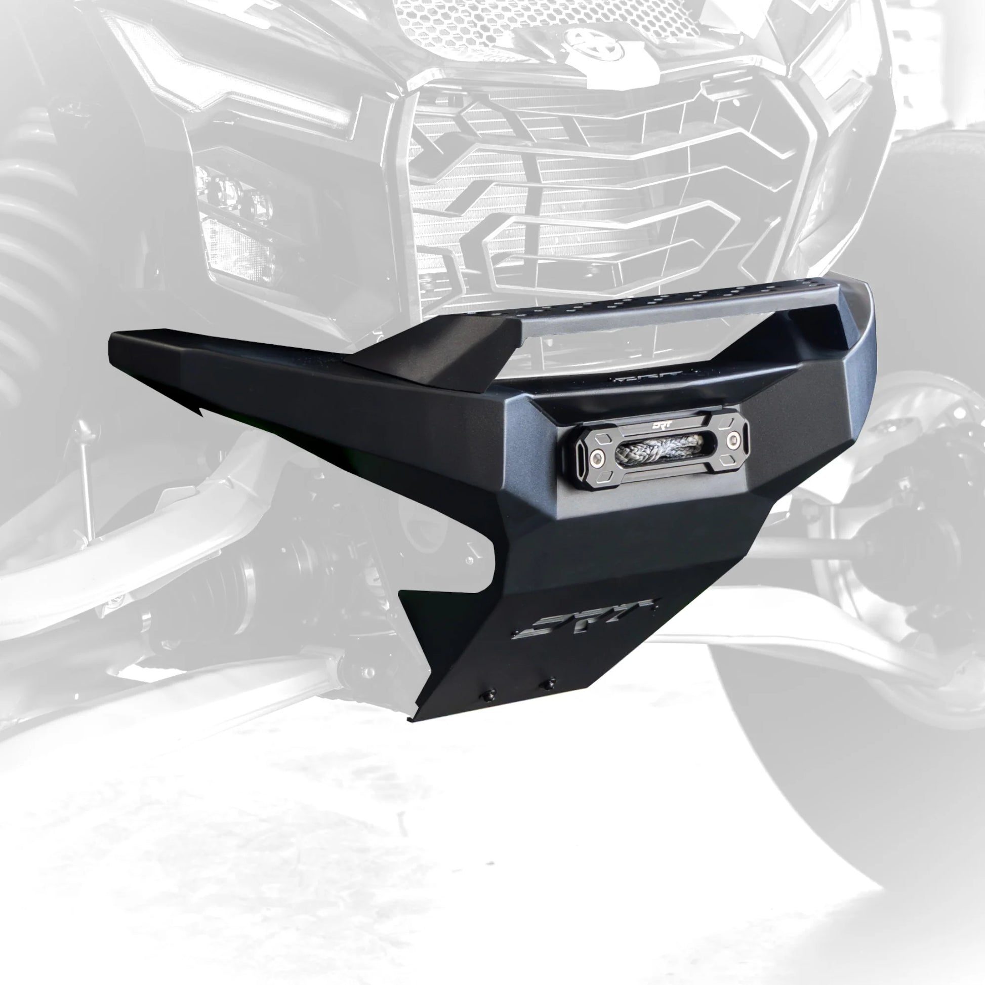 Black front bumper with winch mount on a vehicle, featuring the 'DRT' brand.