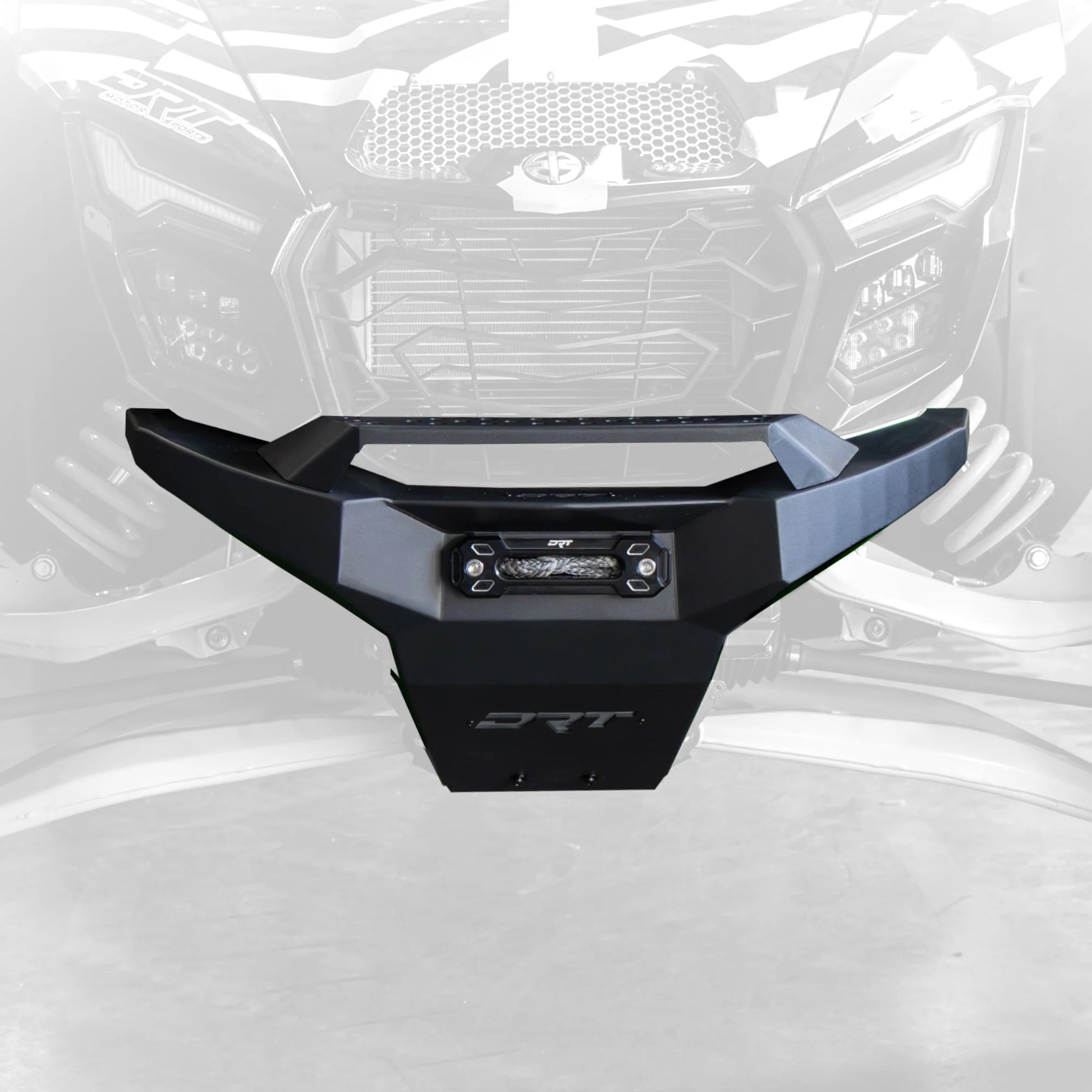 Black vehicle bumper with 'DRT' branding on a white background