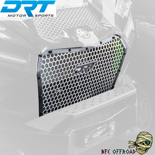 Car grille with honeycomb pattern and DRT logo on a white background