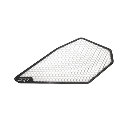 Hexagonal honeycomb grid with DRT logo on a white background
