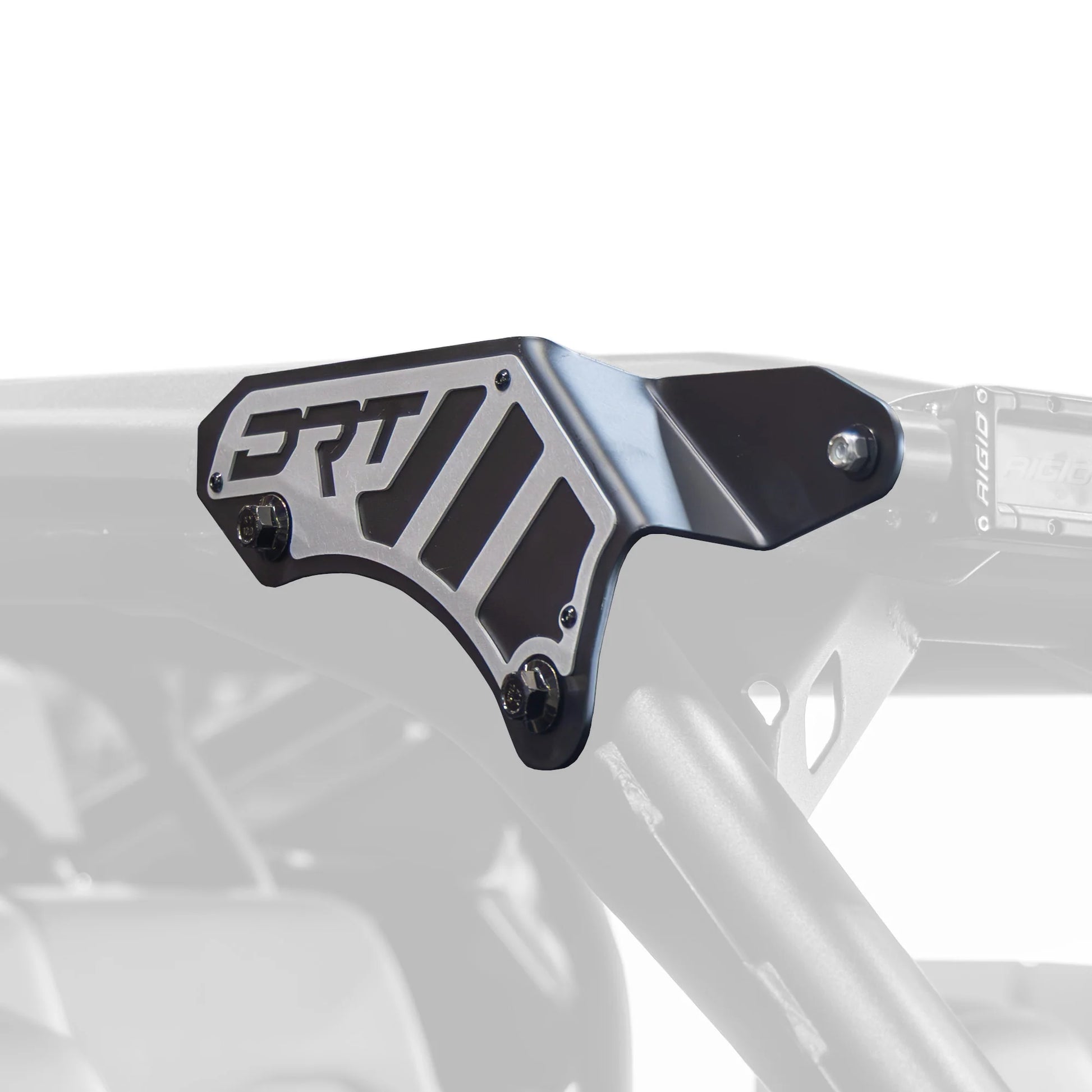 Close-up of a bike frame with a black and silver 'DRT' logo on a white background