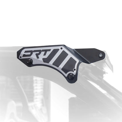 Close-up of a bike frame with 'DRT' branding on a white background
