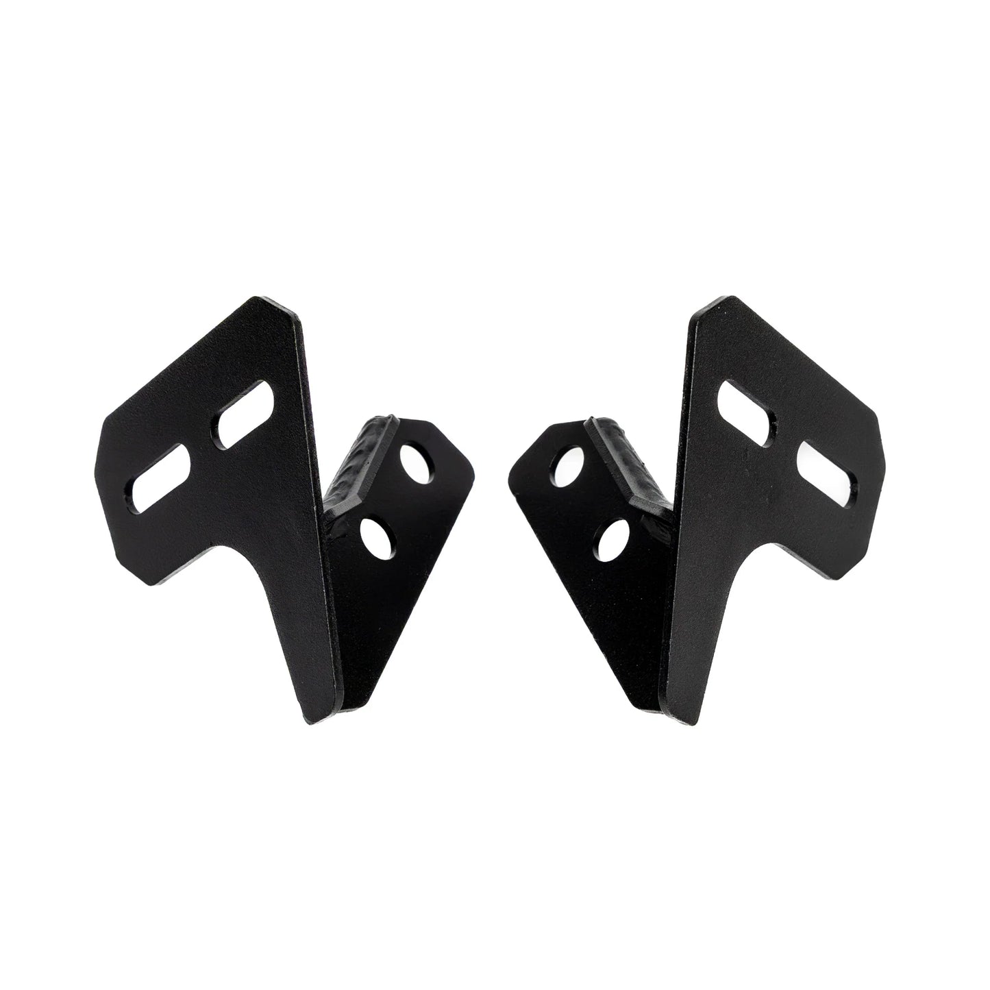 Two black metal brackets on a white background