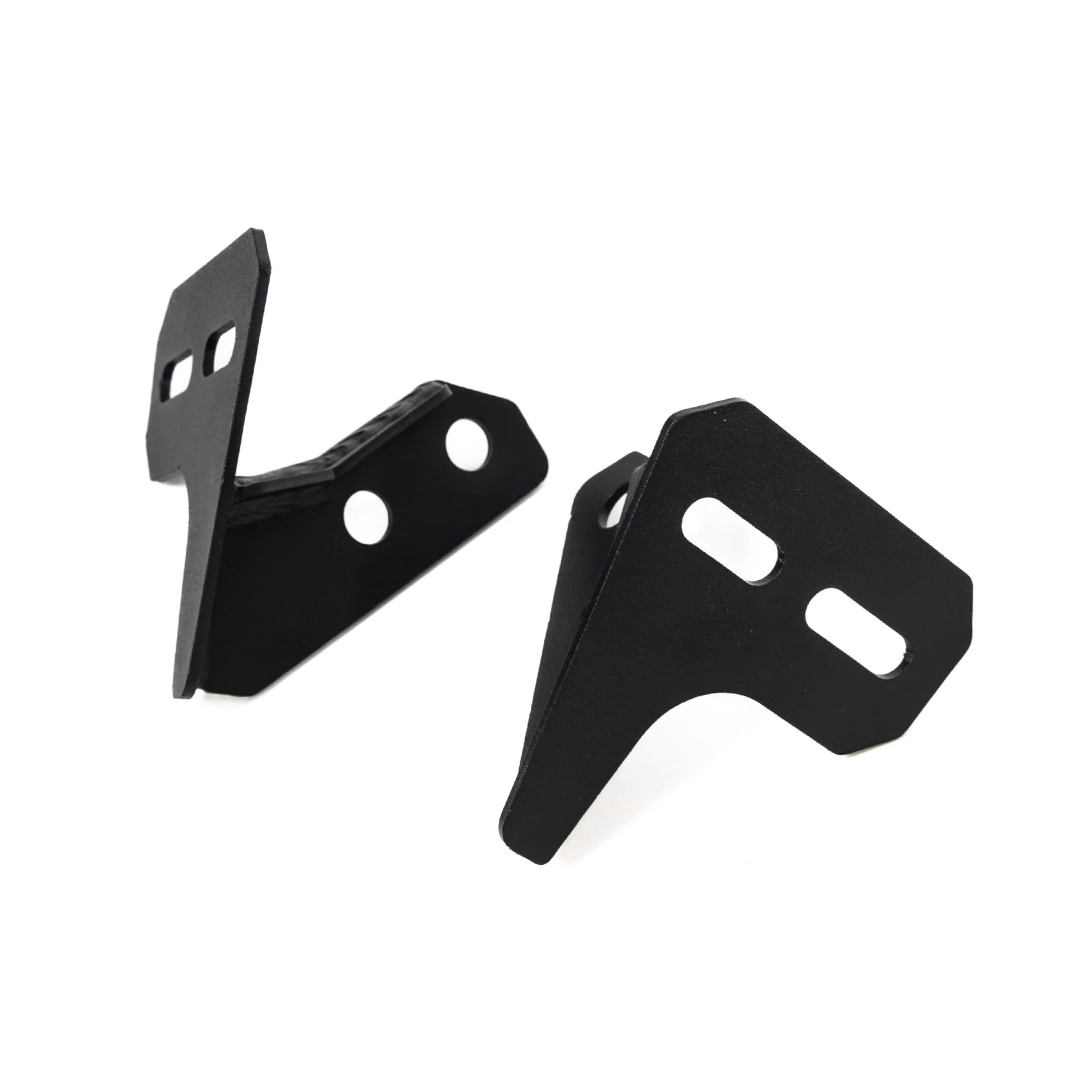Two black metal brackets on a white background