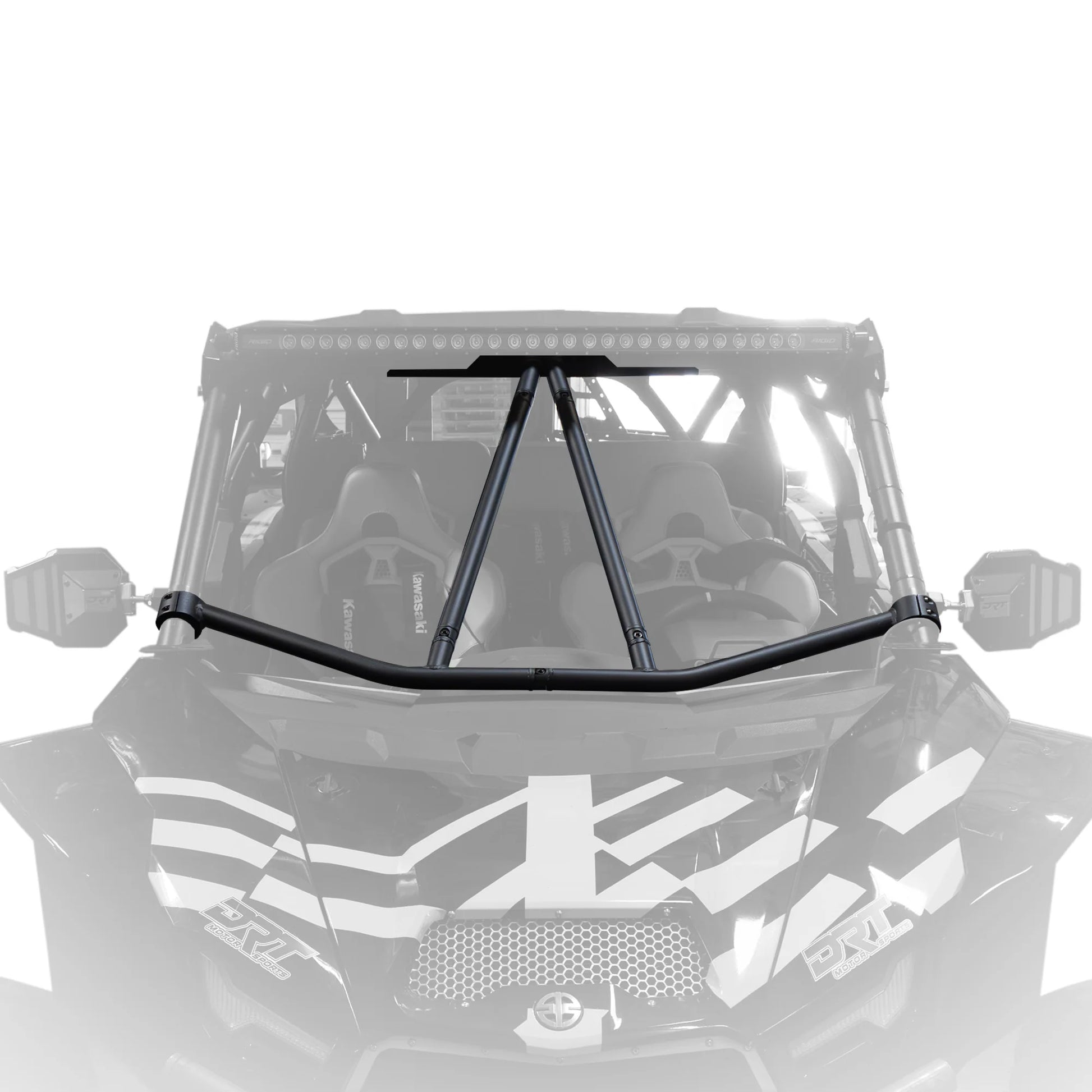 Clear windshield with black frame on a Kawasaki vehicle
