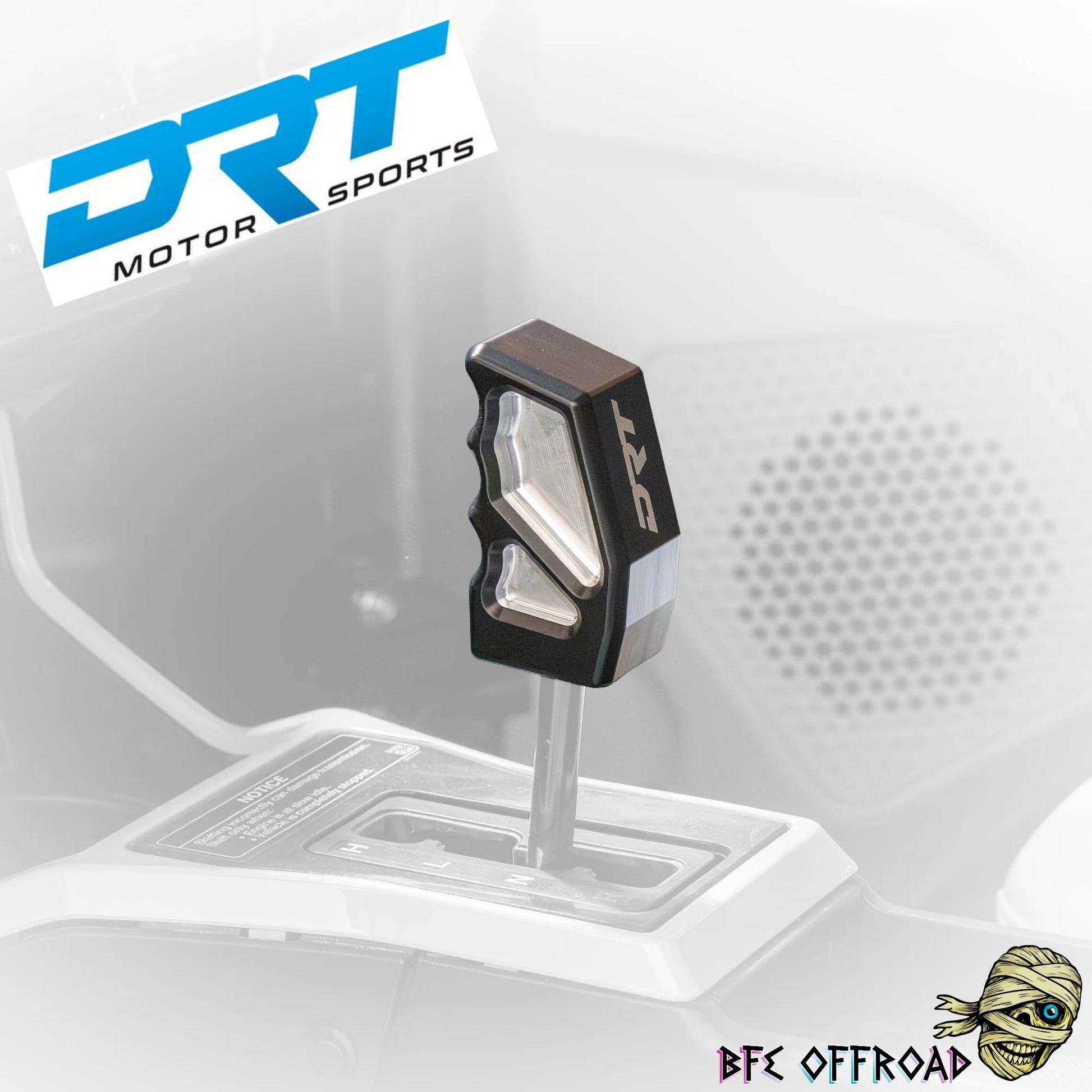 Car gear shift lever with DRT Motor Sports branding on a white background