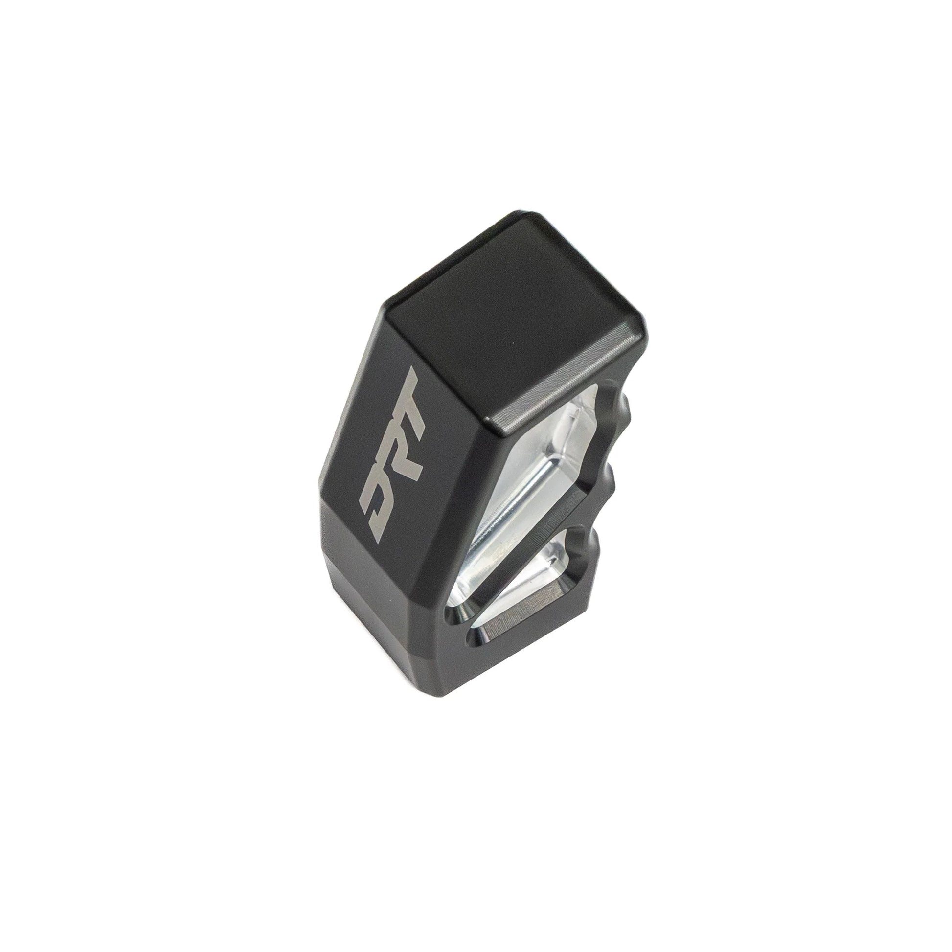 Black and silver mechanical component on a white background