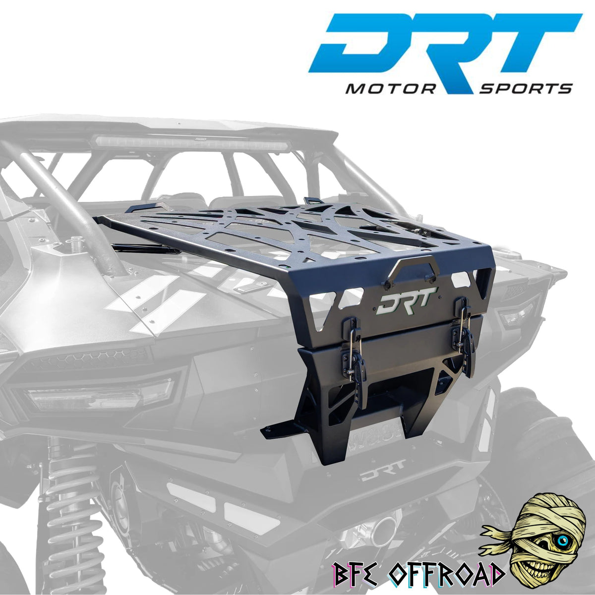 A black DRT Motor Sports rear bumper guard mounted on a silver UTV, shown against a white background with DRT Motor Sports branding and an BFE Offroad logo.