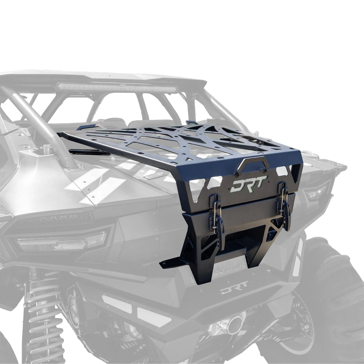 A black and dark blue DRT Rear bumper guard and roof rack accessory shown mounted on the front of a gray off-road vehicle against a white background.