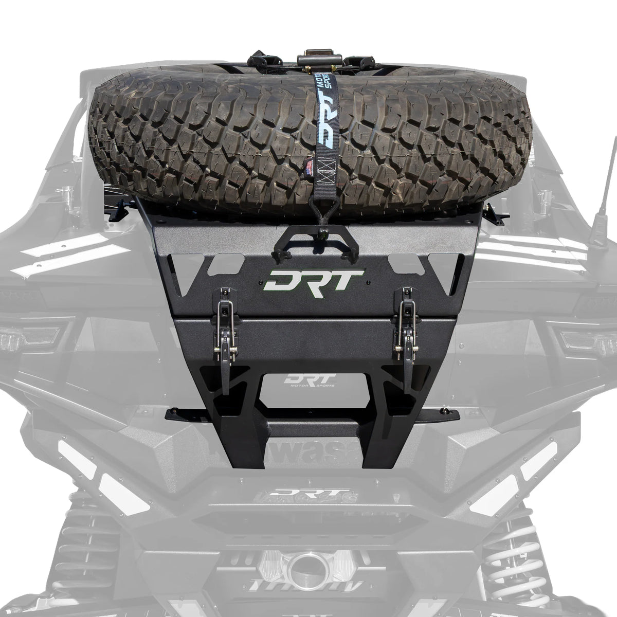DRT Rear spare tire rack mounted on a UTV with a white background. 
