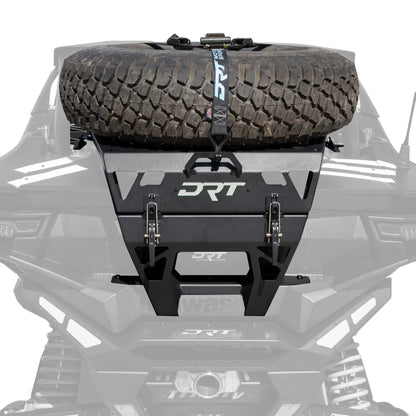DRT Rear spare tire rack mounted on a UTV with a white background. 