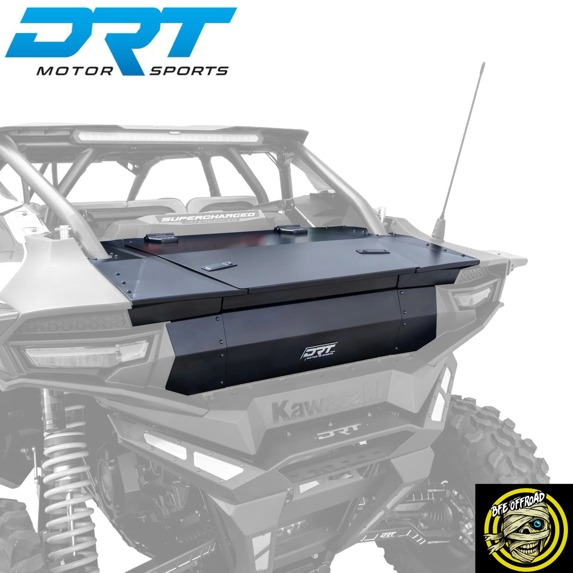 A black DRT Motor Sports tonneau cover installed over the trunk of a white Kawasaki UTV, shown on a white background with the DRT logo in the top left and a BFE Offroad in the bottom right.