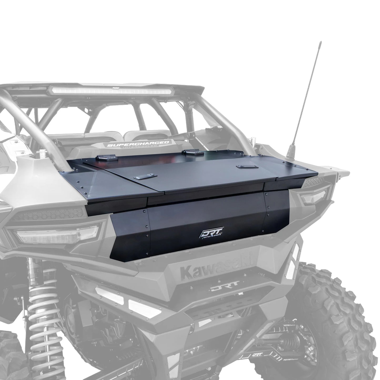 A black metal tonneau-style storage box mounted on the rear cargo bed of a gray Kawasaki RRT off-road vehicle, shown against a plain white background.