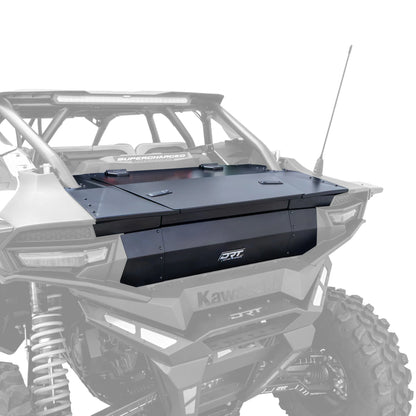 A black metal tonneau-style storage box mounted on the rear cargo bed of a gray Kawasaki RRT off-road vehicle, shown against a plain white background.