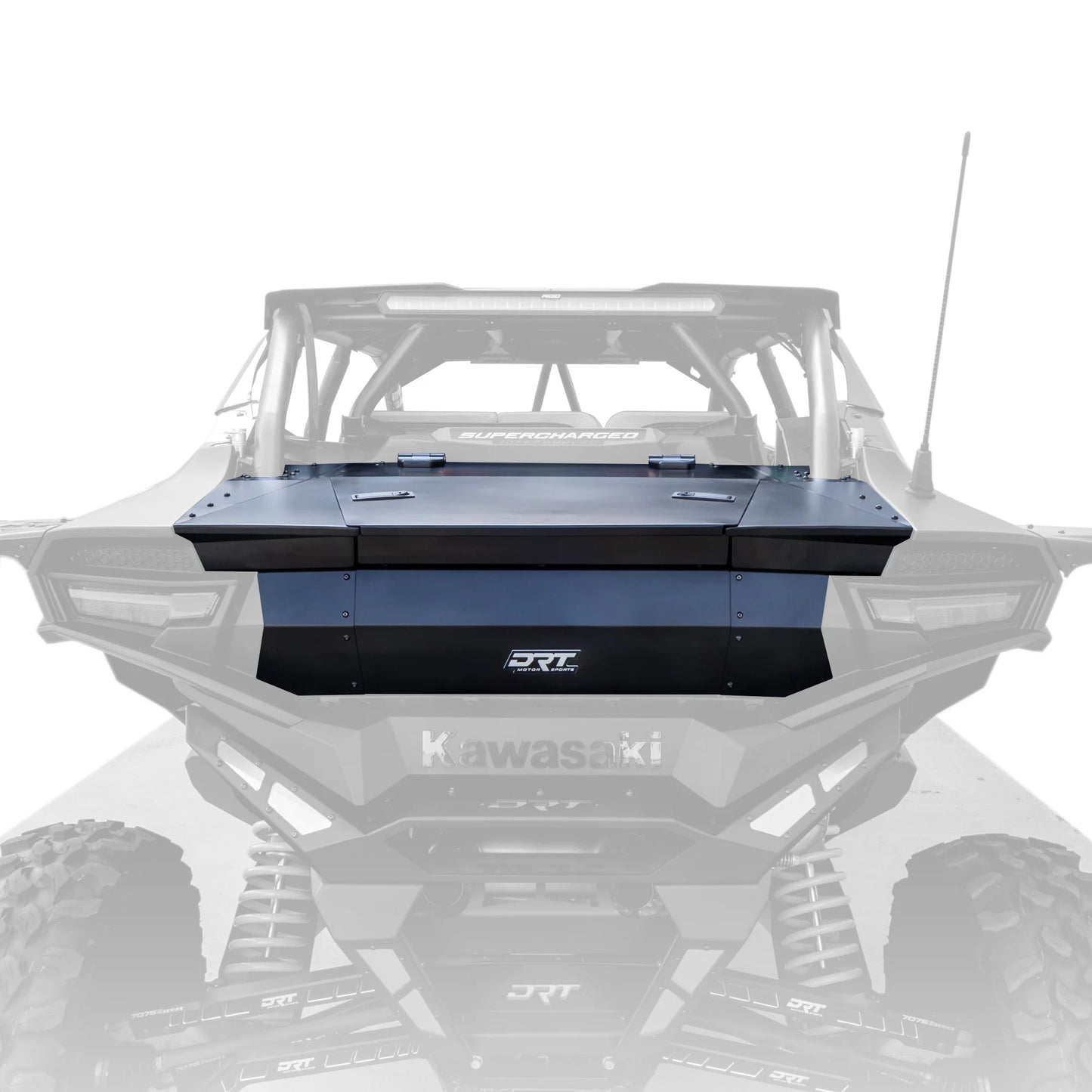 A black and blue DRT rear cargo bed cover mounted on the back of a gray Kawasaki UTV, shown against a white background with a faded overlay of the vehicle.