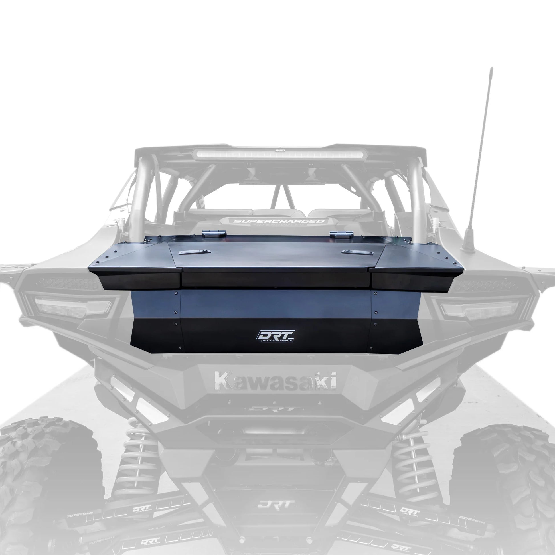 A black and blue DRT rear cargo bed cover mounted on the back of a gray Kawasaki UTV, shown against a white background with a faded overlay of the vehicle.