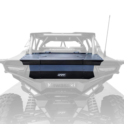 A black and blue DRT rear cargo bed cover mounted on the back of a gray Kawasaki UTV, shown against a white background with a faded overlay of the vehicle.