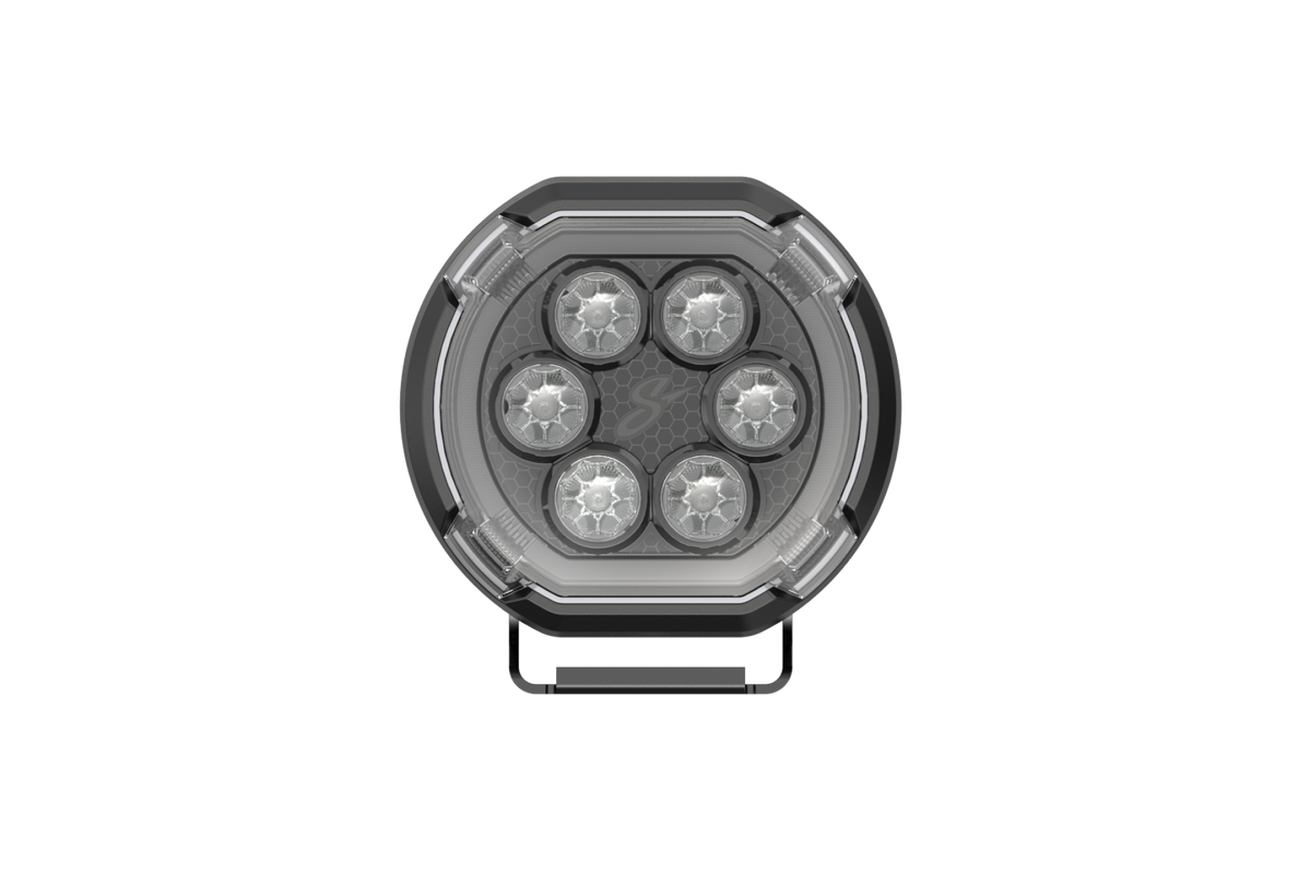 Stinger HEXCORE 6" LED pod light front view showing 6-LED array with clear lens and black aluminum housing
