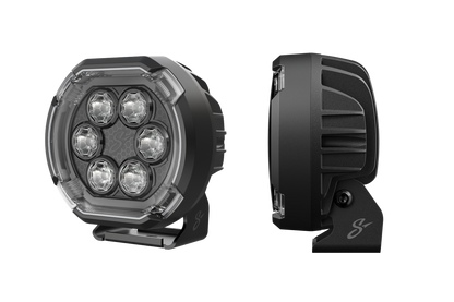 Stinger round LED off road light shown from front and side angles