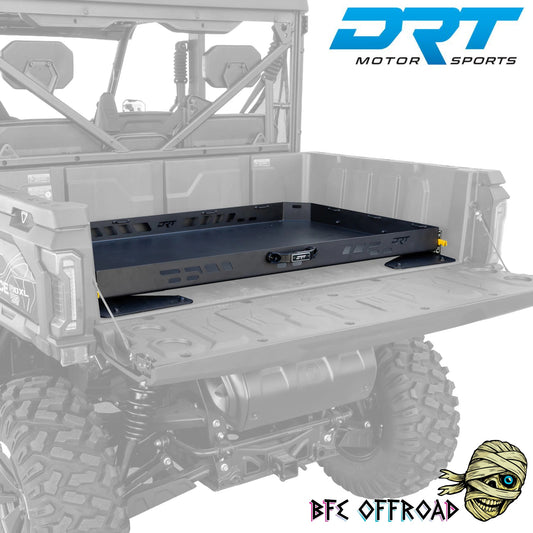 DRT Bed Drawer system mounted on UTV on white background with DRT and BFE Offroad Logo's