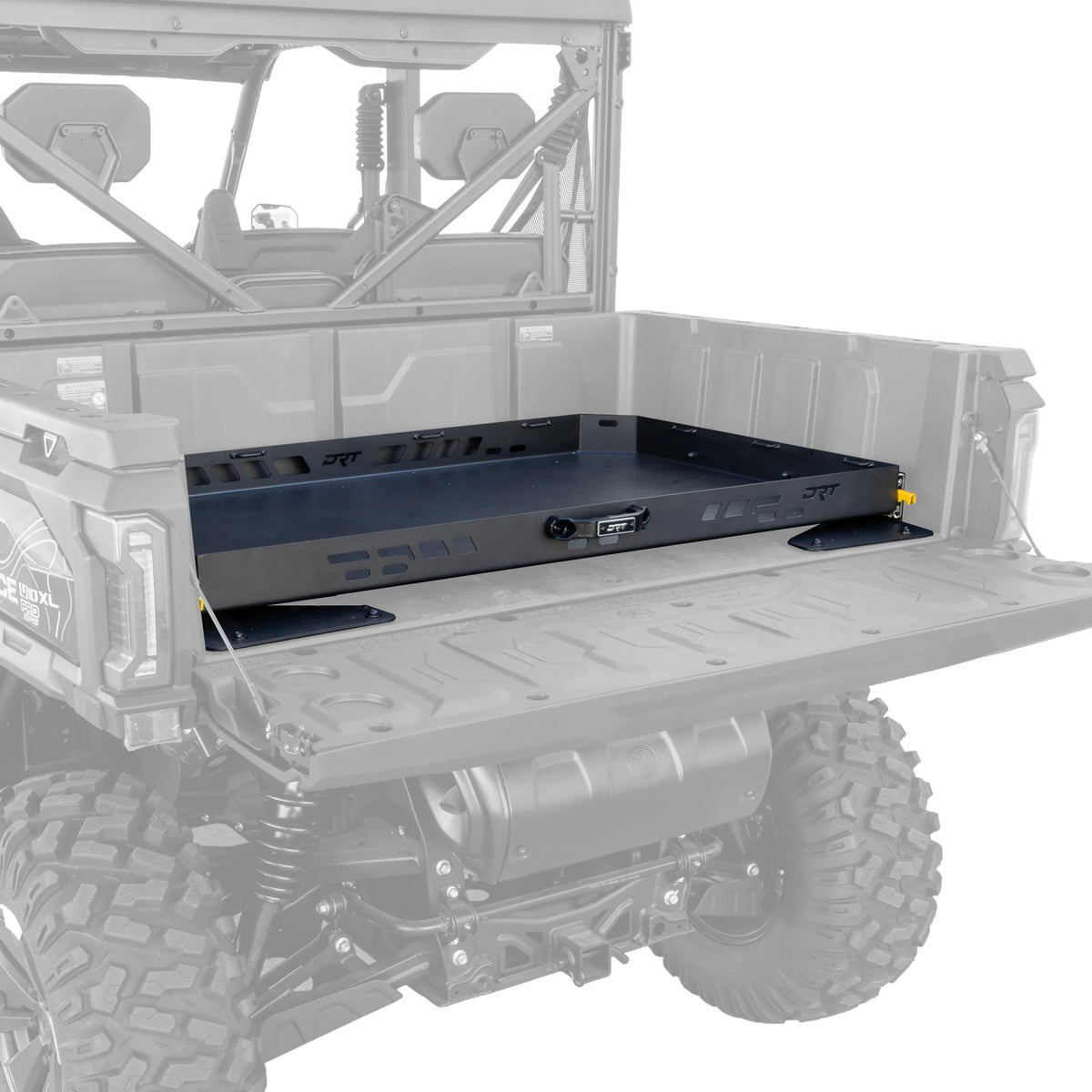 DRT Bed Drawer mounted on UTV with white background