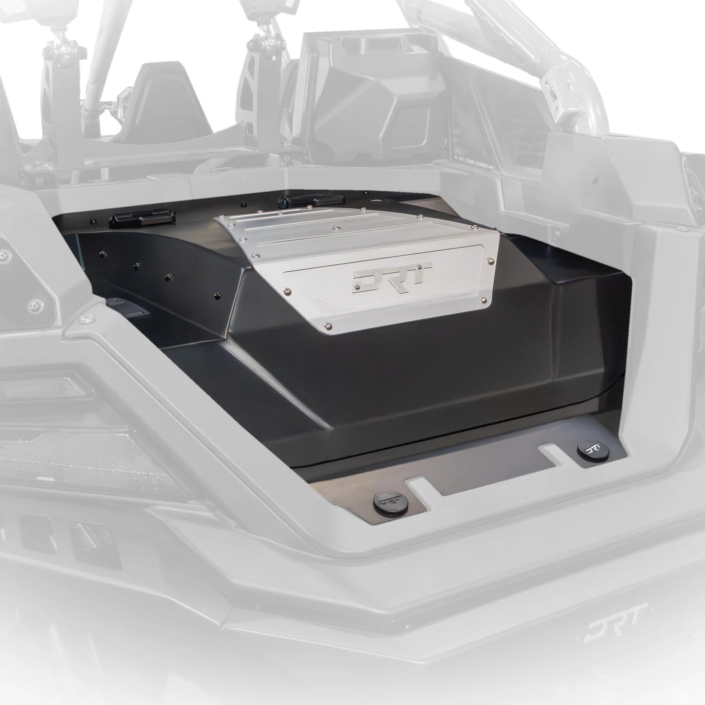 Close-up of a black storage compartment in the back of a vehicle with 'RZR' branding.
