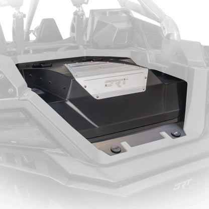 Close-up of a black storage compartment in the back of a vehicle with 'RZR' branding.