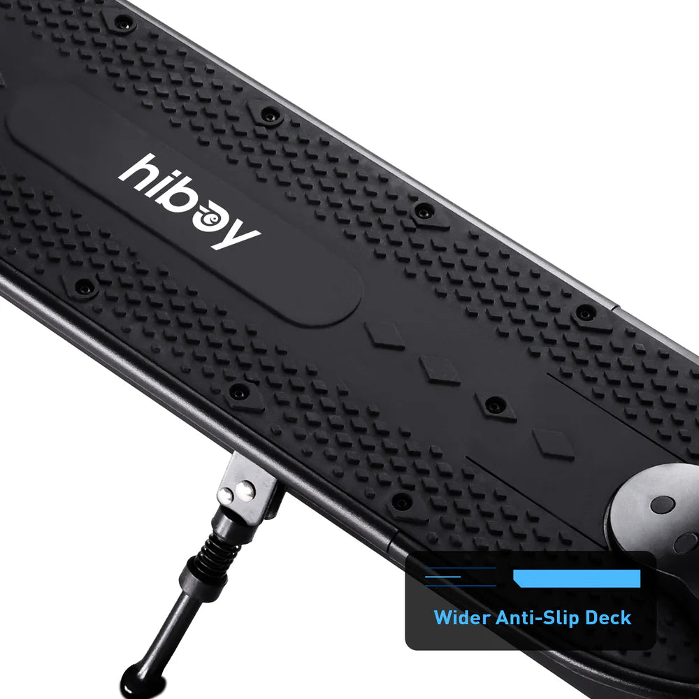 Black skateboard with 'hiboy' branding and wider anti-slip deck feature on a white background