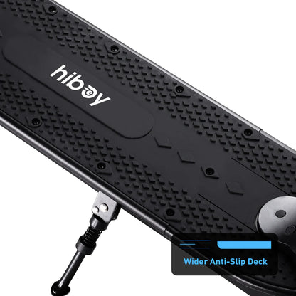 Black skateboard with 'hiboy' branding and wider anti-slip deck feature on a white background