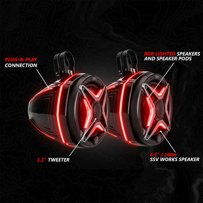 Two RGB lighted speakers with text highlighting features on a dark background