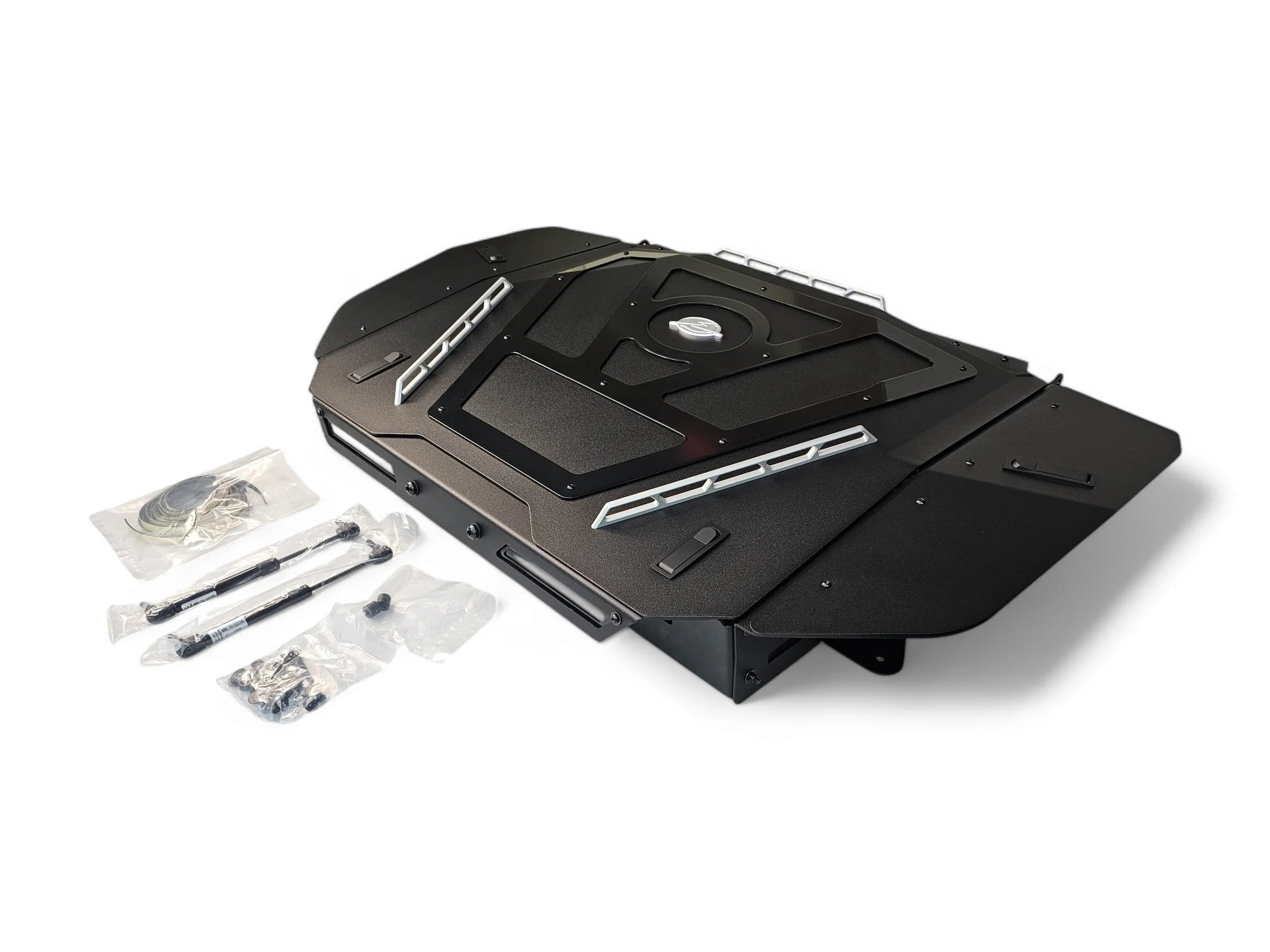 Black trunk with installation tools on a white background