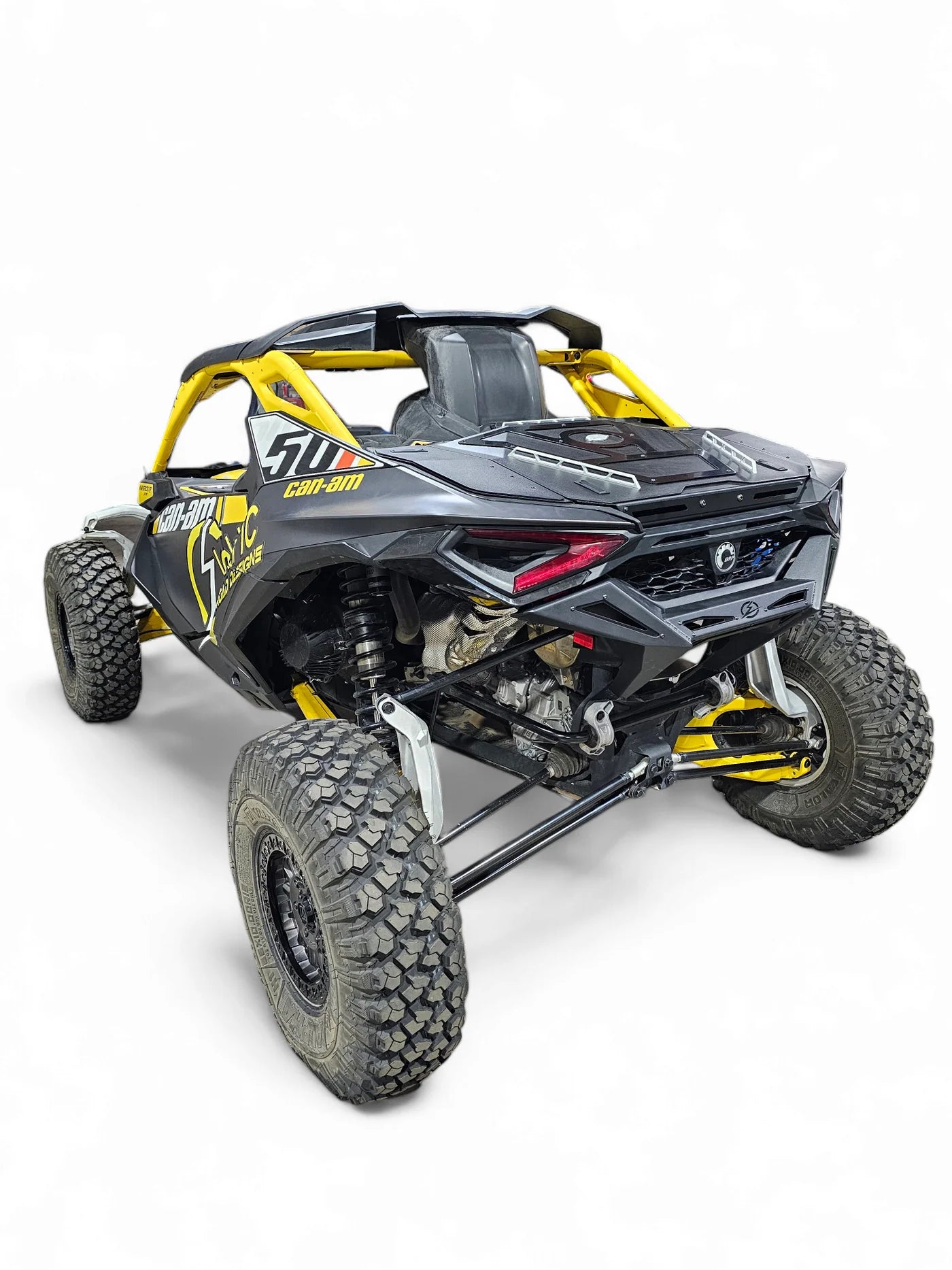Off-road vehicle with a black and yellow design on a white background