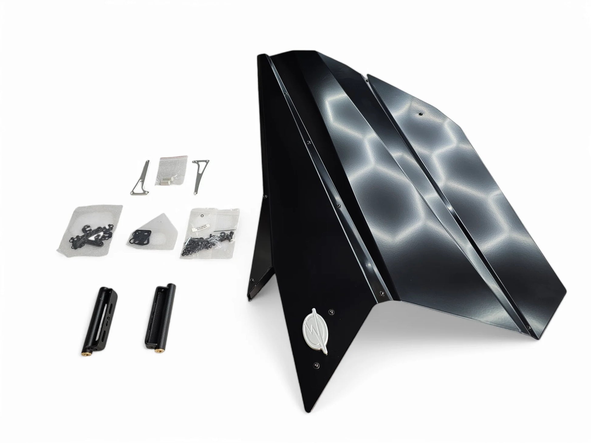 Black electronic device with components on a white background