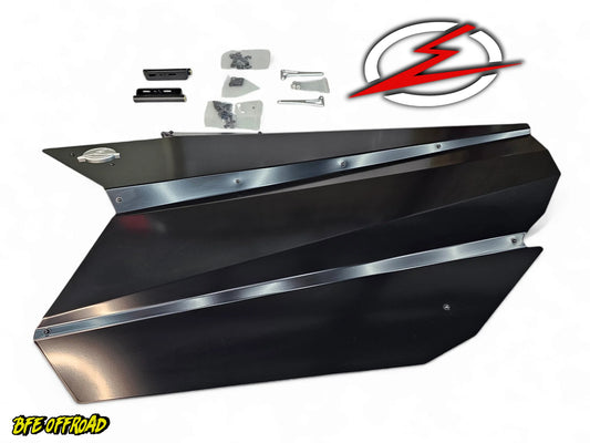 Black metal fender with silver trim and BFE Offroad logo on a white background