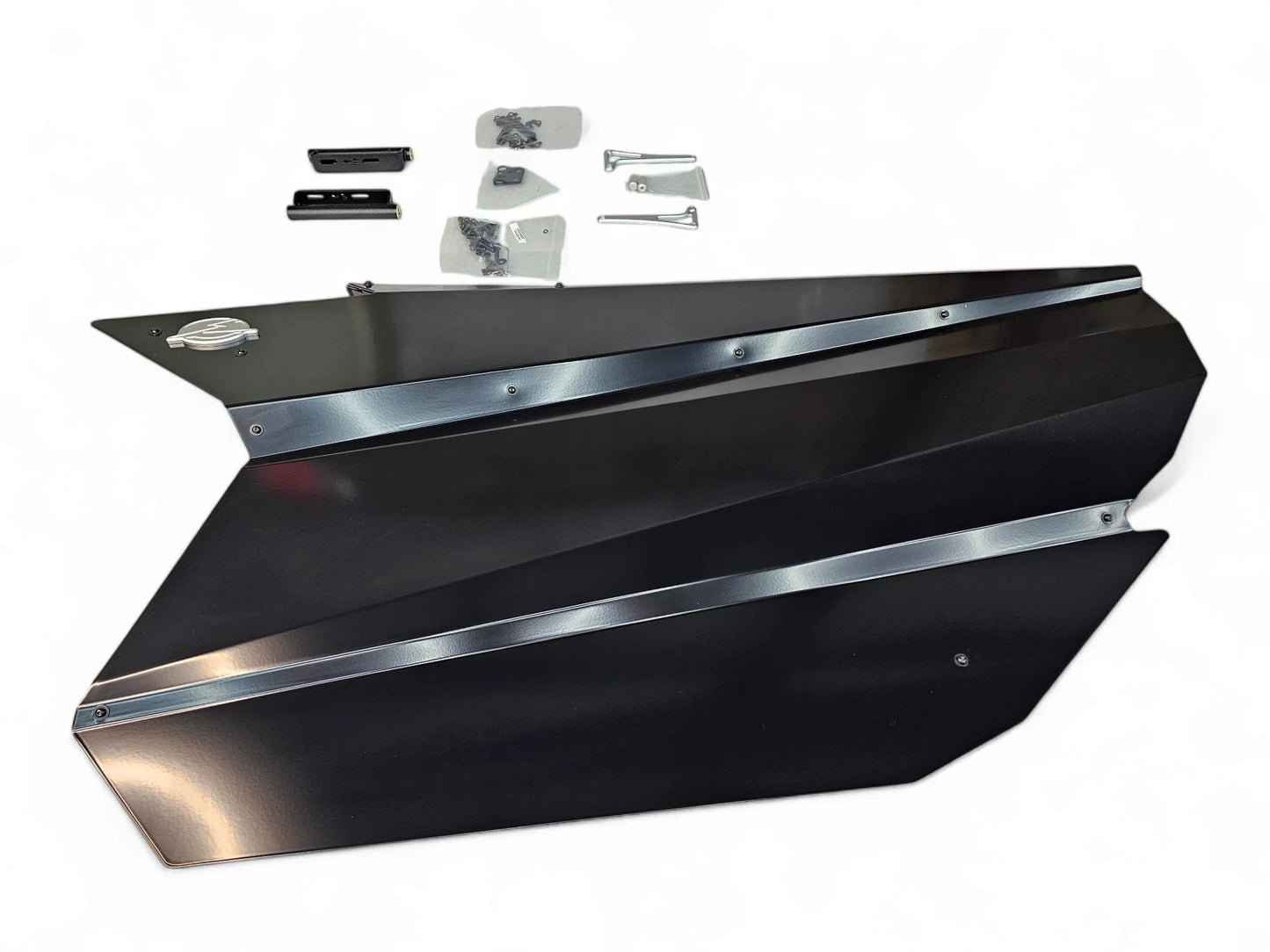 Black metal fender with silver trim on a white background