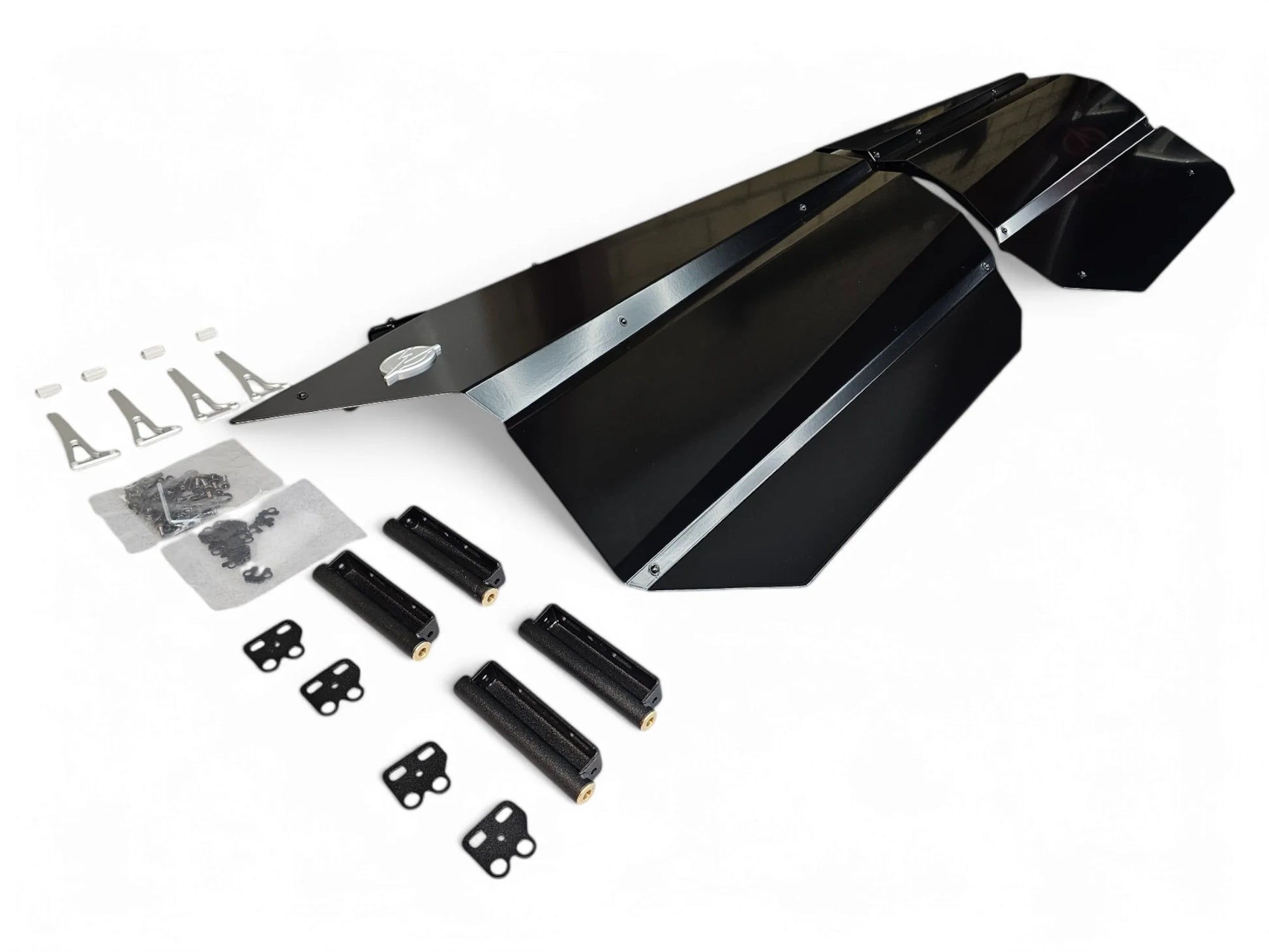 Black motorcycle fender kit with hardware on a white background