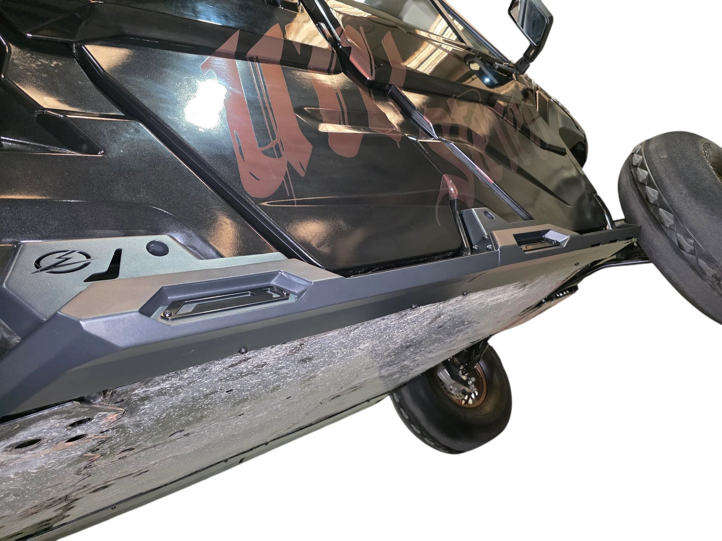 Close-up of a motorcycle's front section on a white background