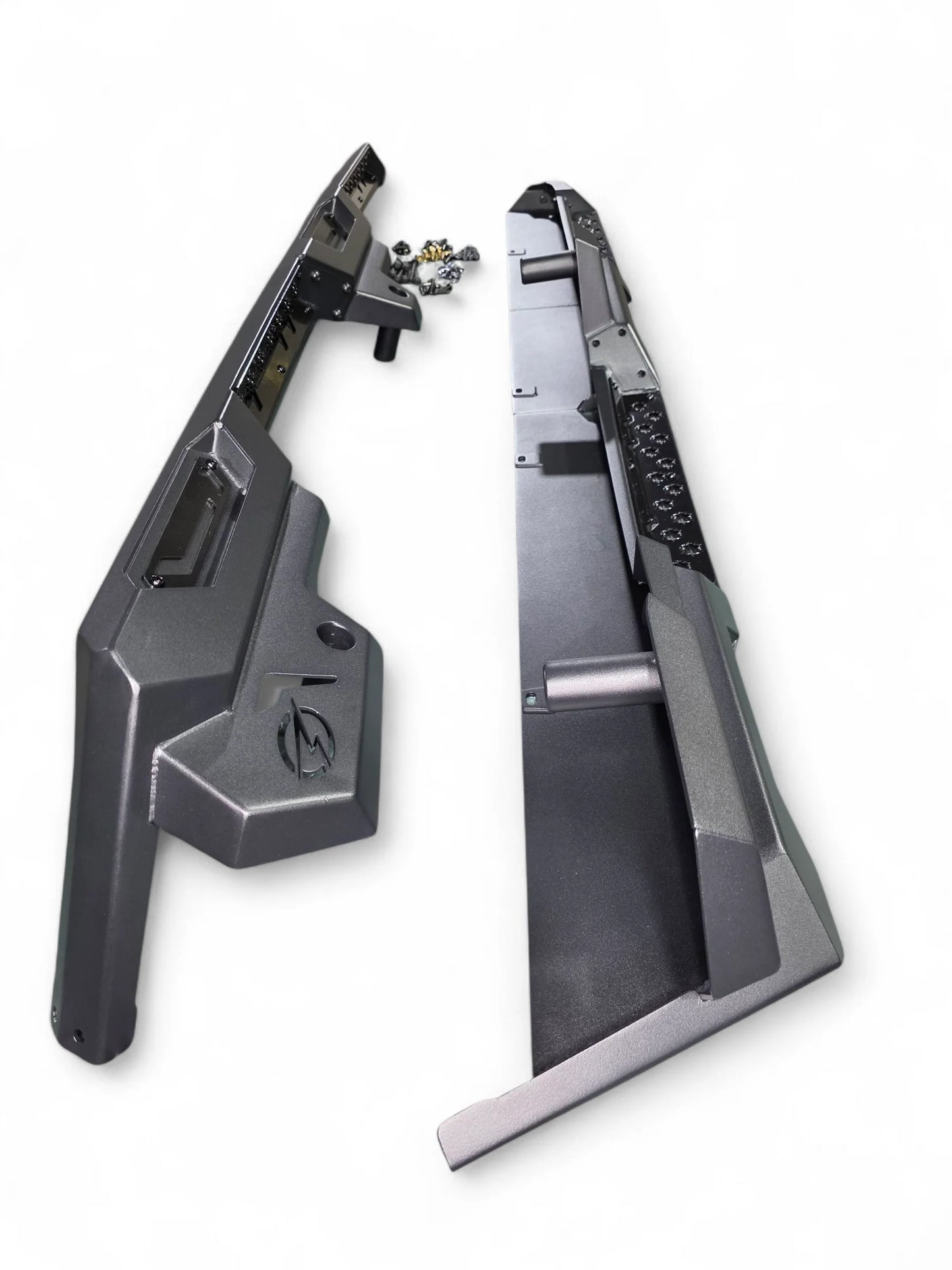 Two black metal brackets on a white background