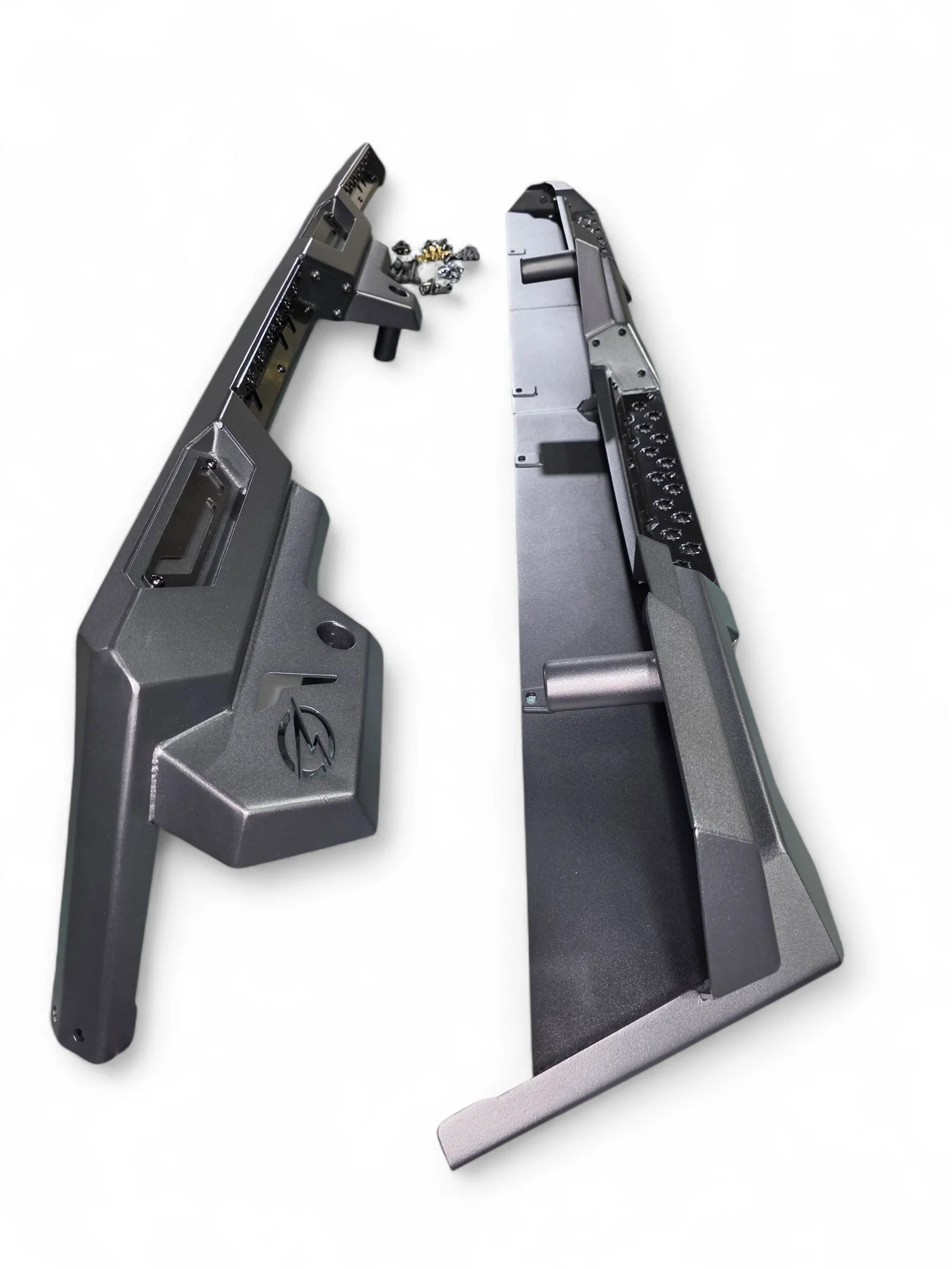 Two black metal brackets on a white background