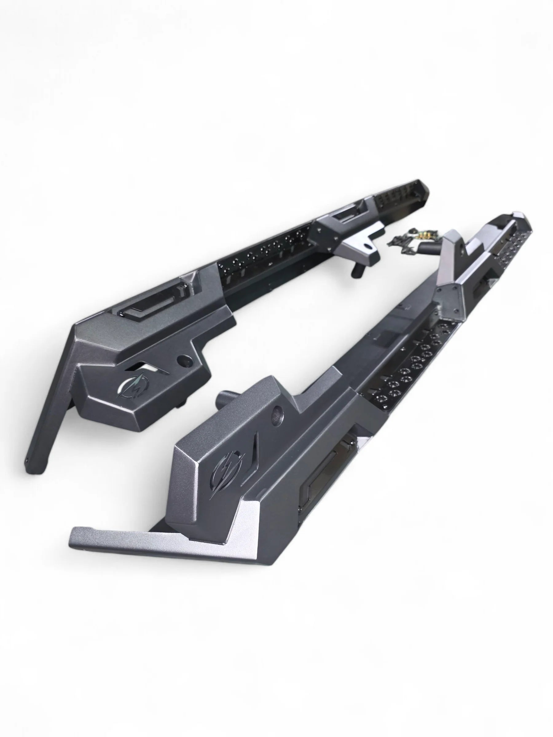 Pair of gray metal clamps on a white background