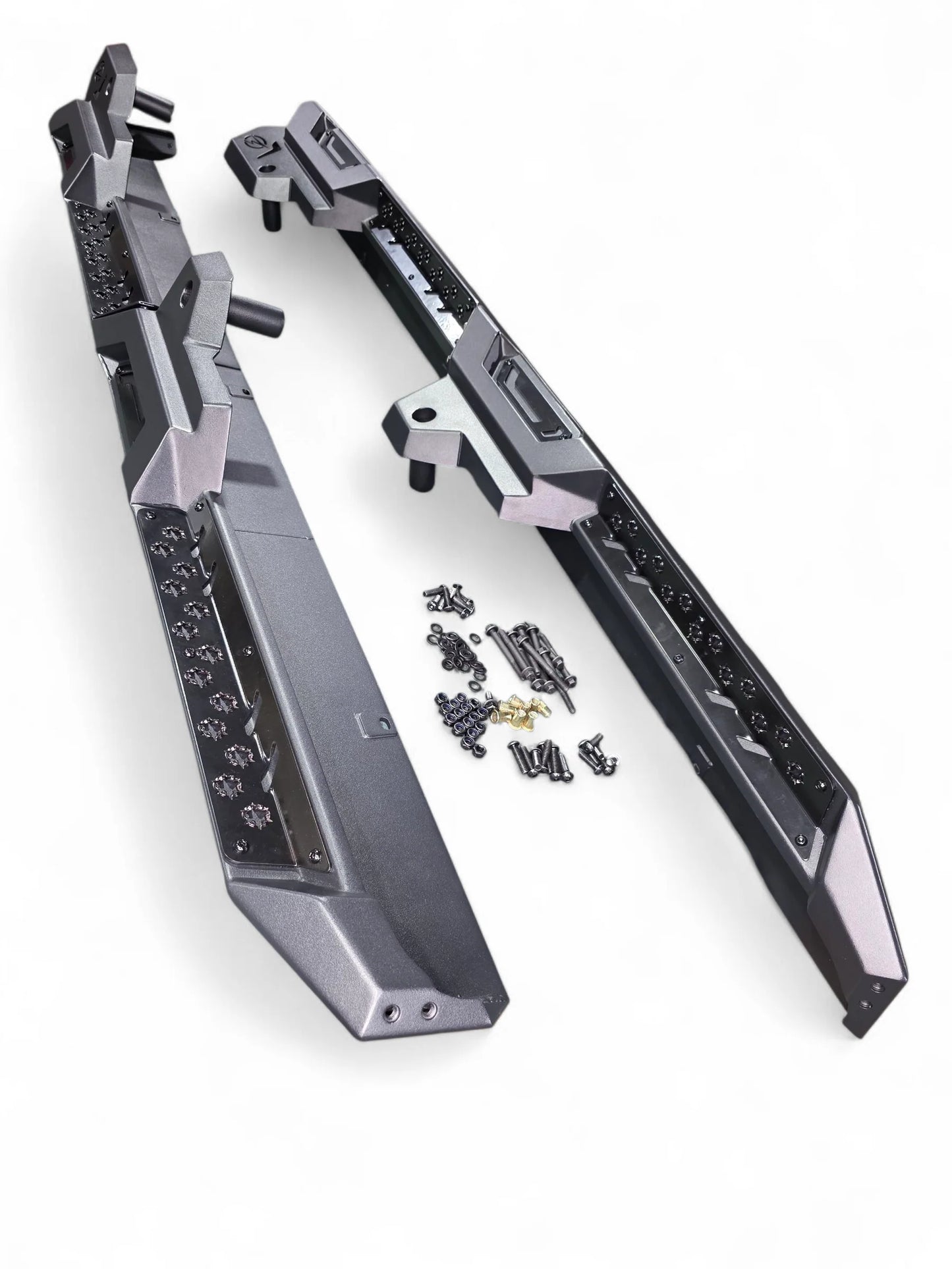 Metal frame assembly with screws on a white background