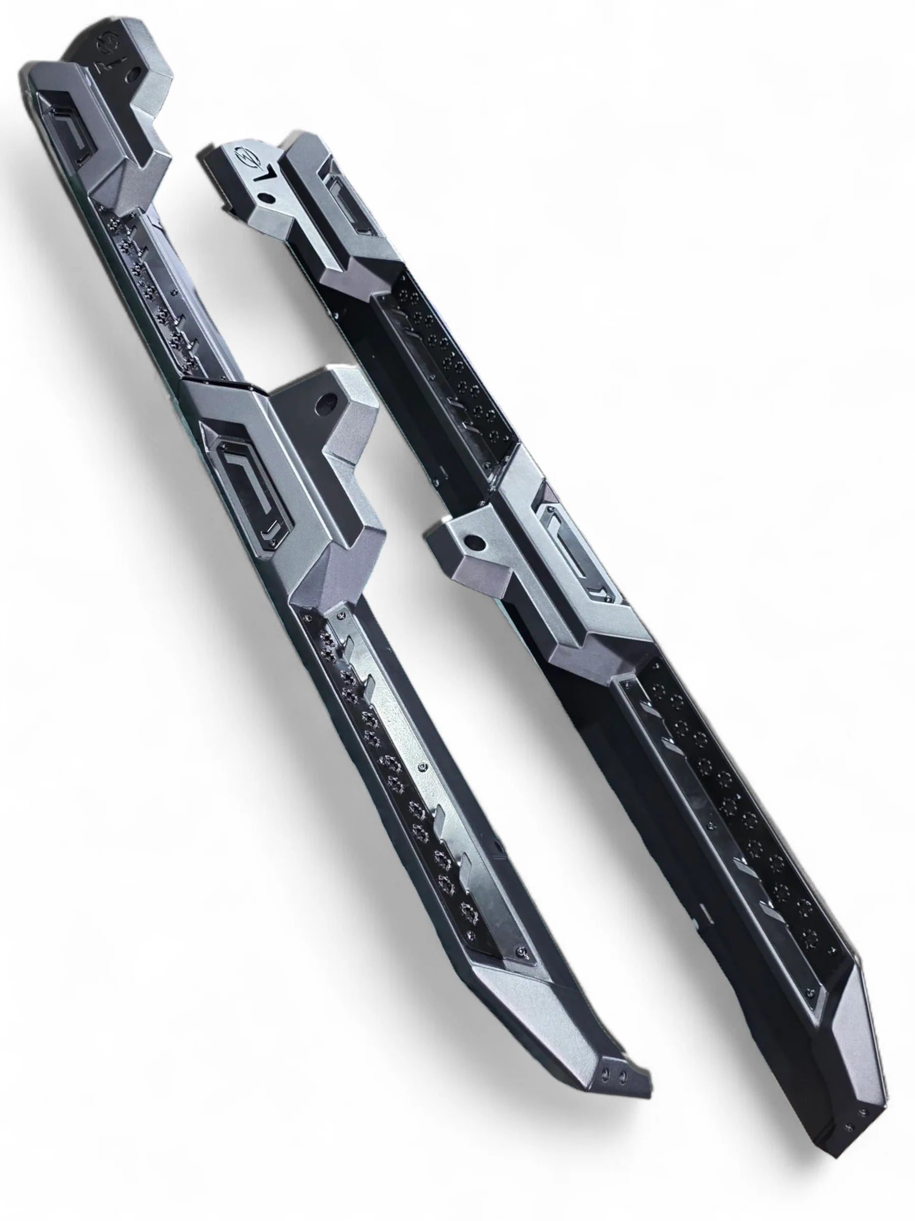 Two black and silver side steps on a white background