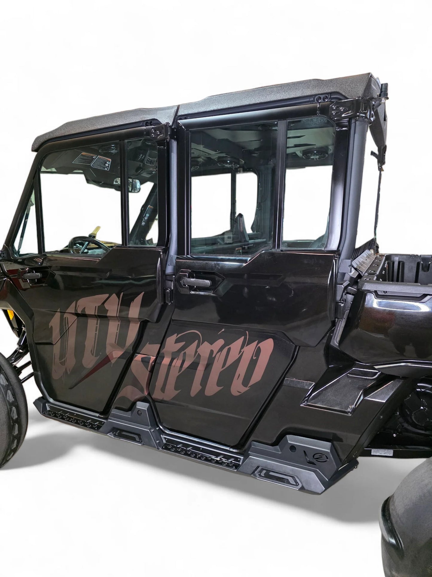 Black UTV with 'UTV Stereo' branding on a white background