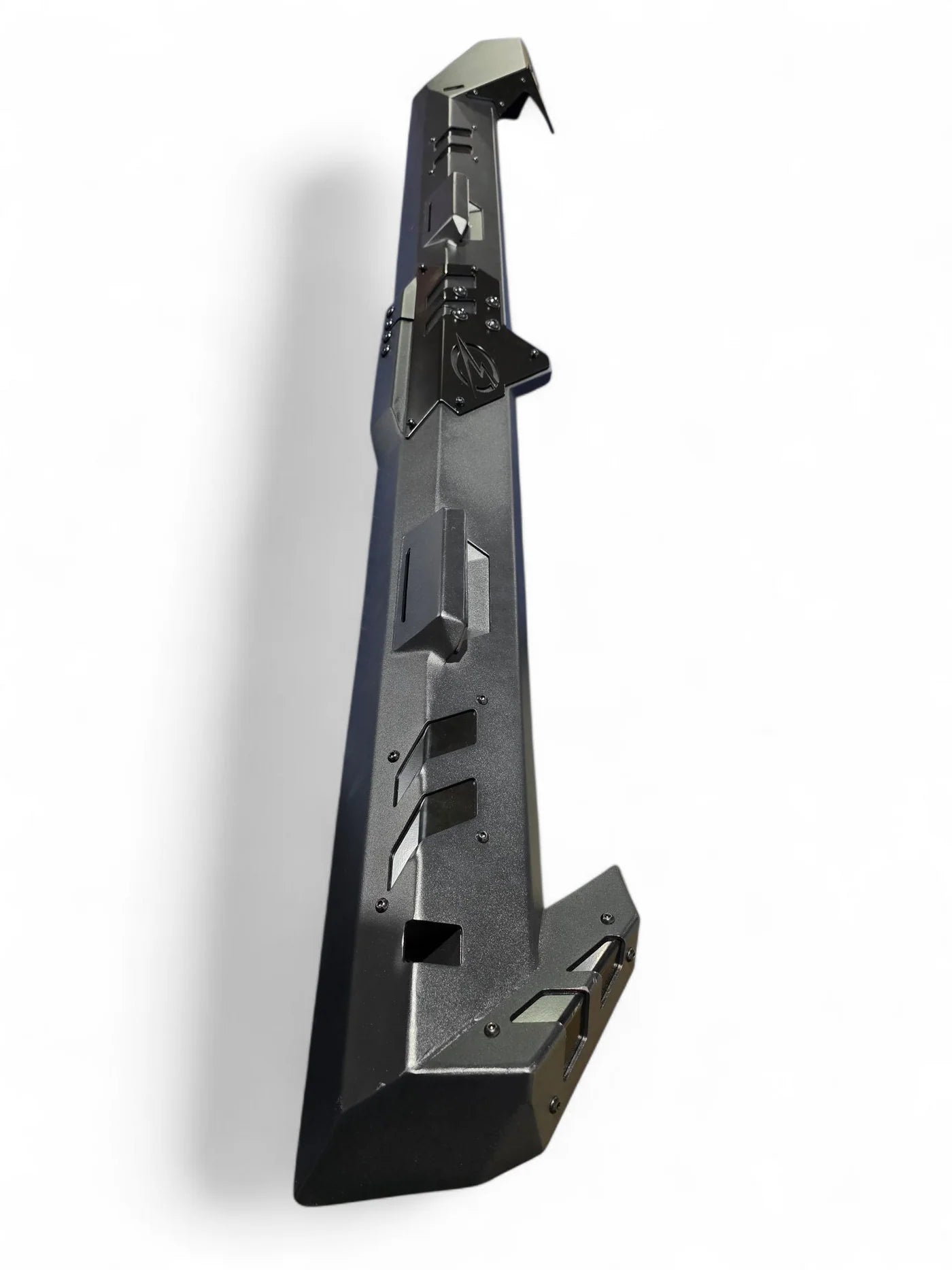 Black metal bracket or support structure on a white background