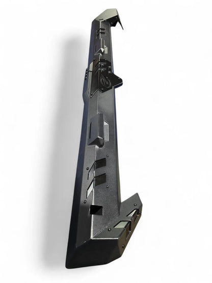 Black metal bracket or support structure on a white background